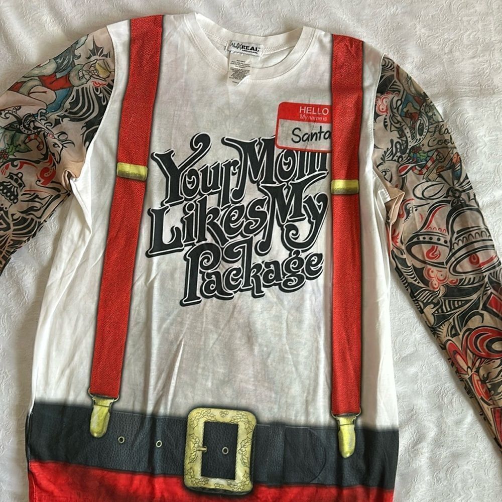 Faux Real Mans Tattooed Arm Sleeves Santa Suspenders Long Sleeve Size Medium